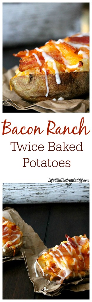 Bacon Ranch Twice Baked Potatoes. Cheesy, ranch and bacon stuffed potatoes make the perfect side dish.